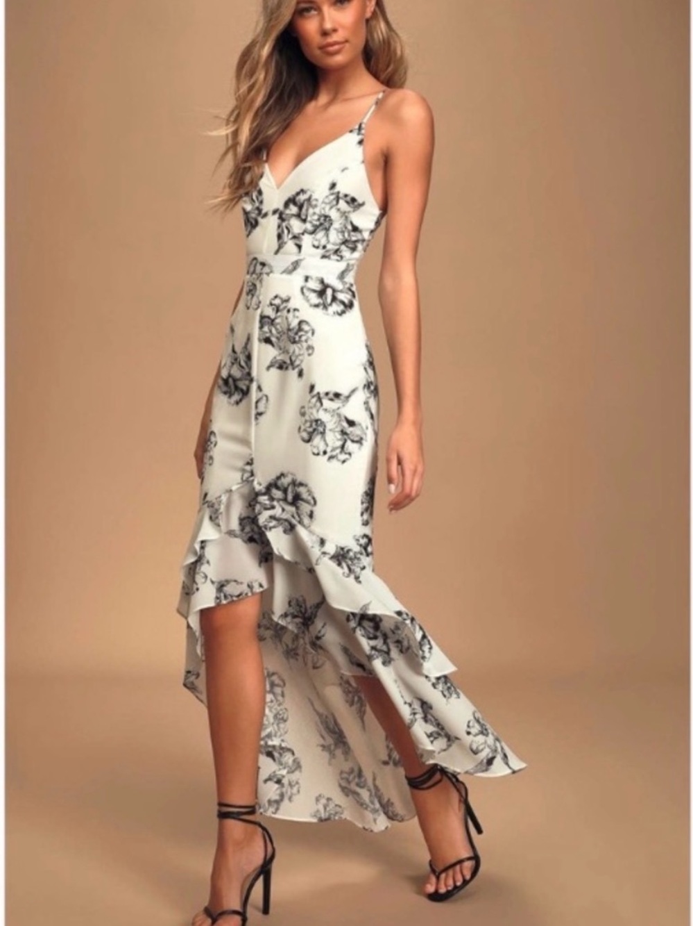 Lulu's White and Black Floral Ruffle High-Low Midi Dress
